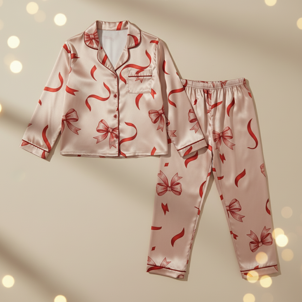 Holiday-themed pajama set with red bow pattern on a soft focus background