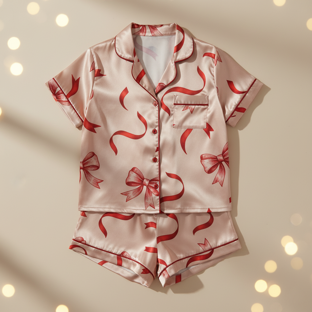 Holiday pajama set with red bow pattern on a beige background