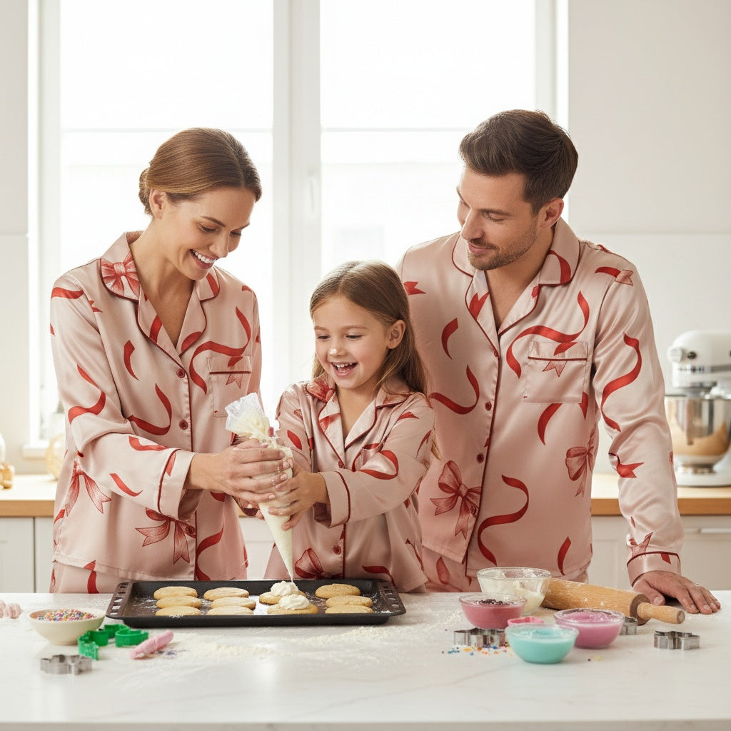 Family of three in matching  Christmas-themed pajamas baking cookies in a kitchen.
