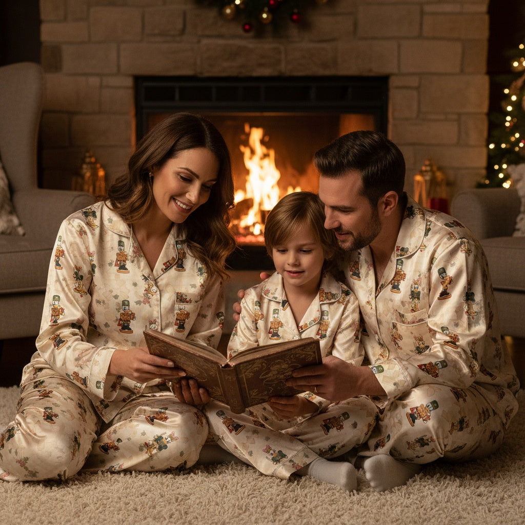 Family in matching Mickey Mouse pajamas with nutcracker pattern reading a book together in front of a fireplace