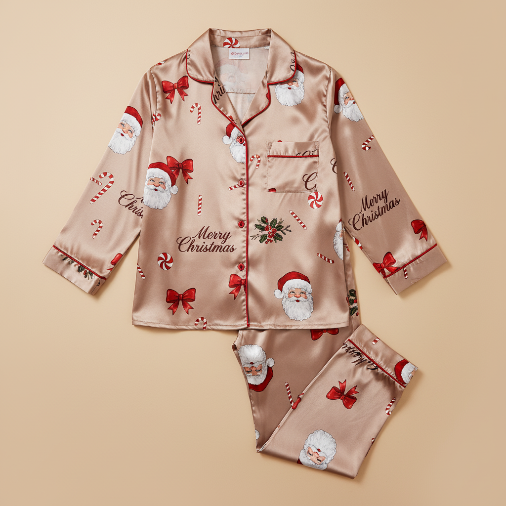 Christmas-themed satin pajama set with Santa Claus and candy cane patterns on a beige background