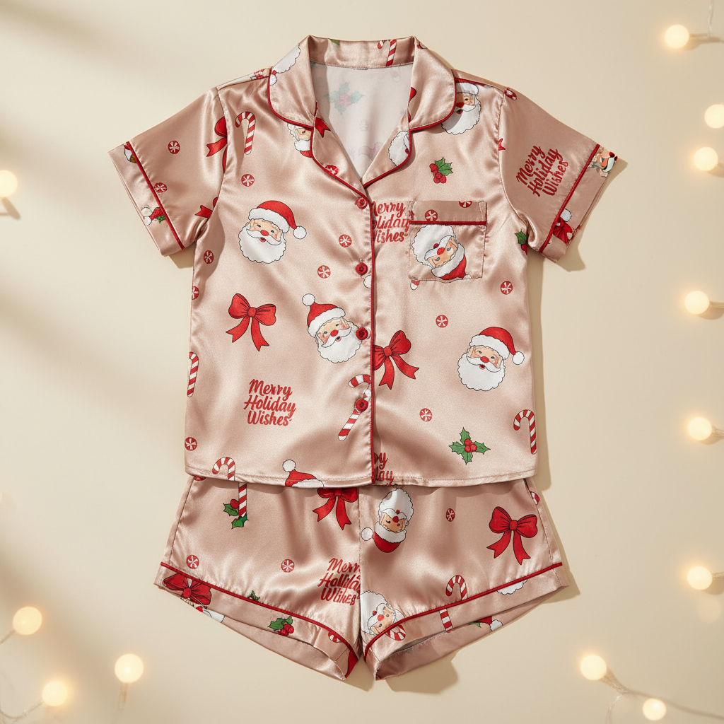 Christmas-themed pajama set with Santa Claus and candy cane designs on a beige background.