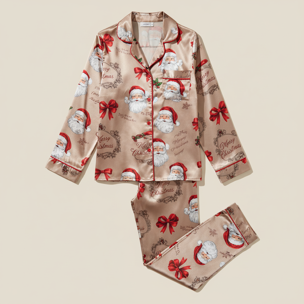 Christmas-themed pajama set with Santa Claus and red bows on a beige background