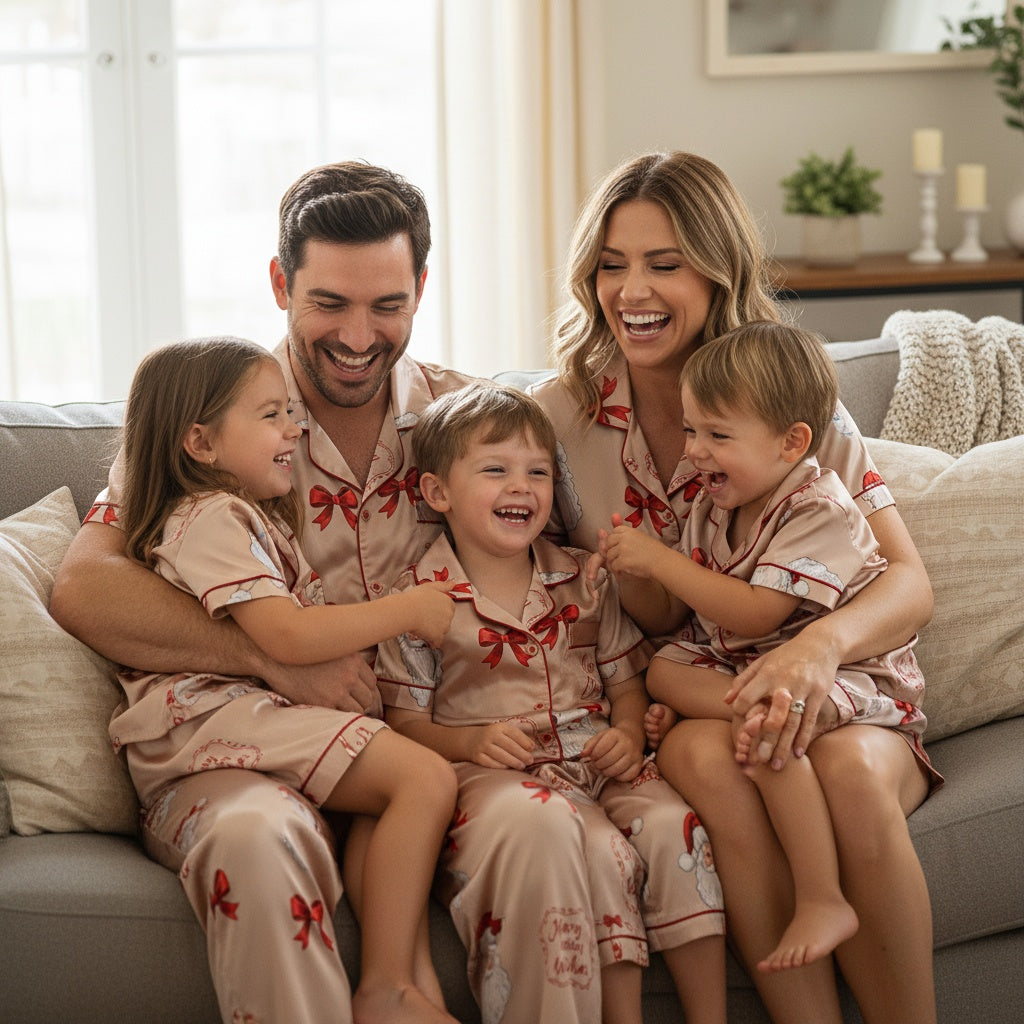 Family of four in festive matching Santa Claus and Red Bows pajamas sitting on a couch in a cozy living room.