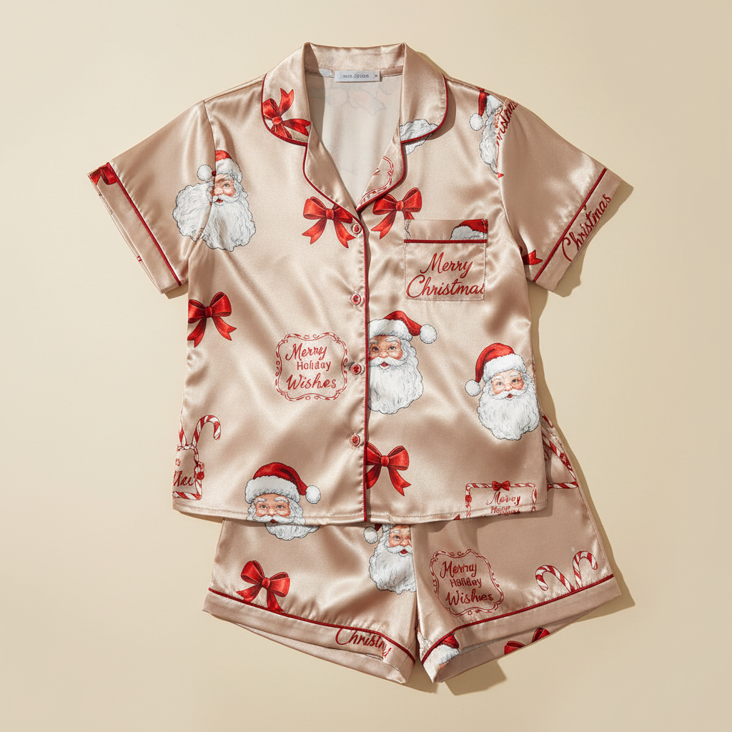 Christmas-themed pajama set with Santa Claus and red bows on a beige background