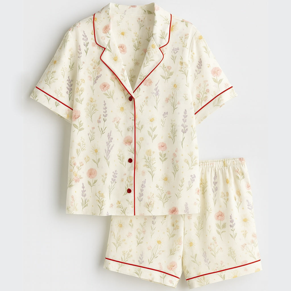 Floral pajama set with red piping on a light gray background