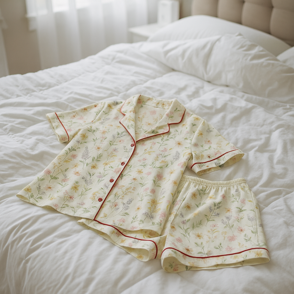 Floral pajama set with red trim on a white bed