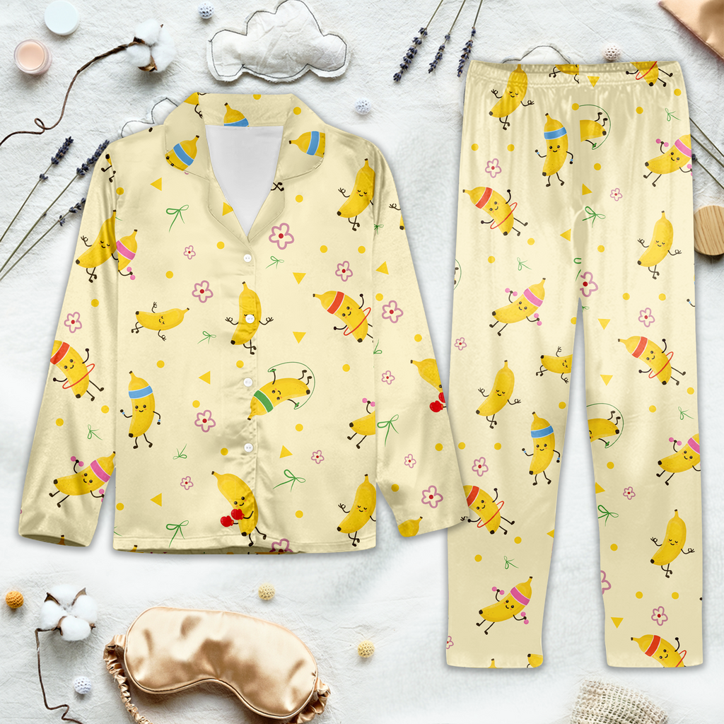 Yellow pajama set with cartoon bananas