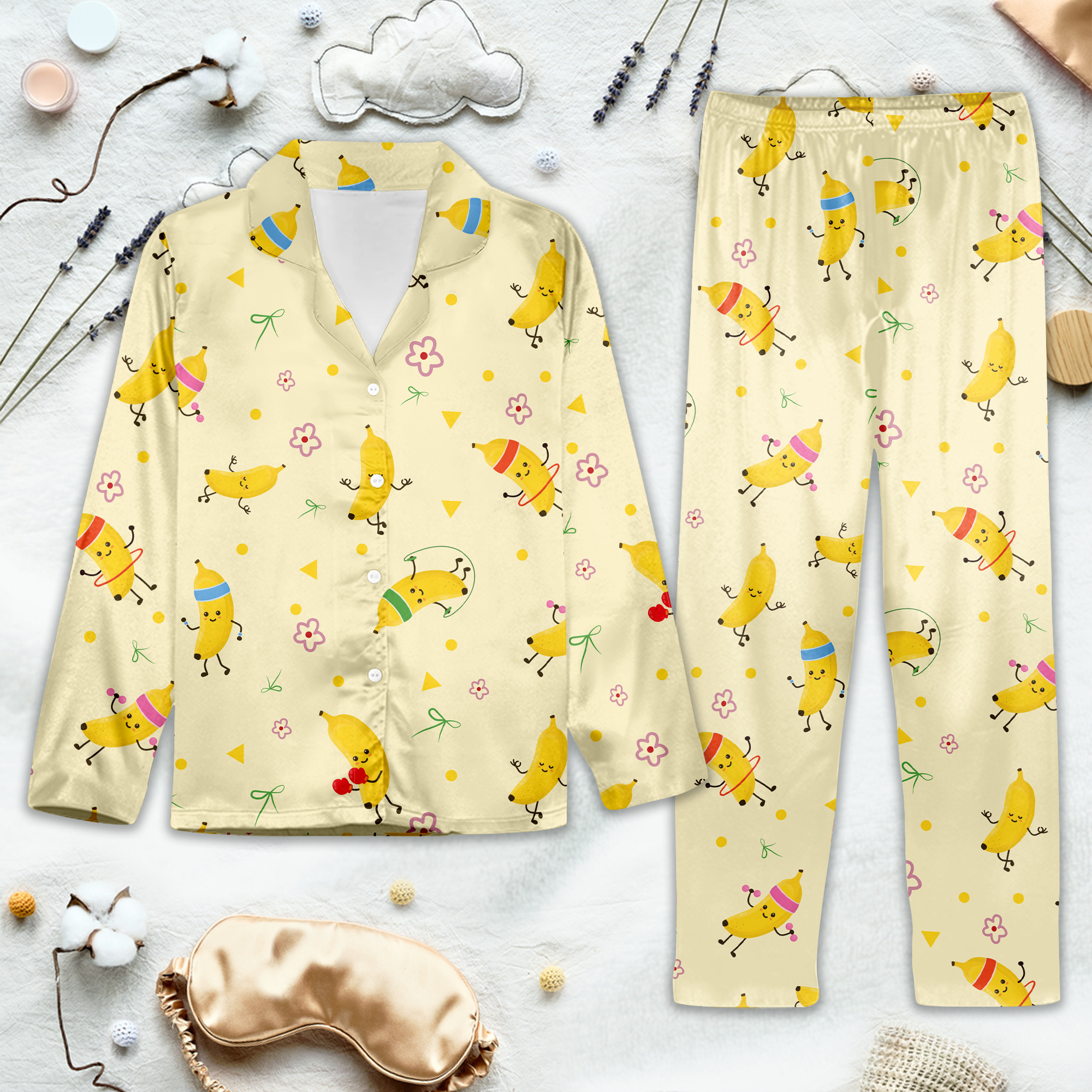 Yellow pajama set with cartoon bananas