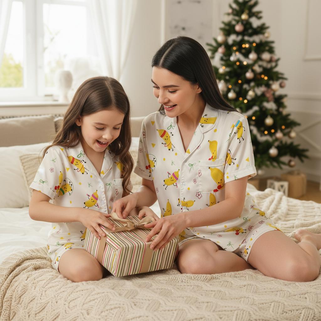Woman and young girl in matching sporty banana pajamas opening a gift box in a cozy room with a Christmas tree.