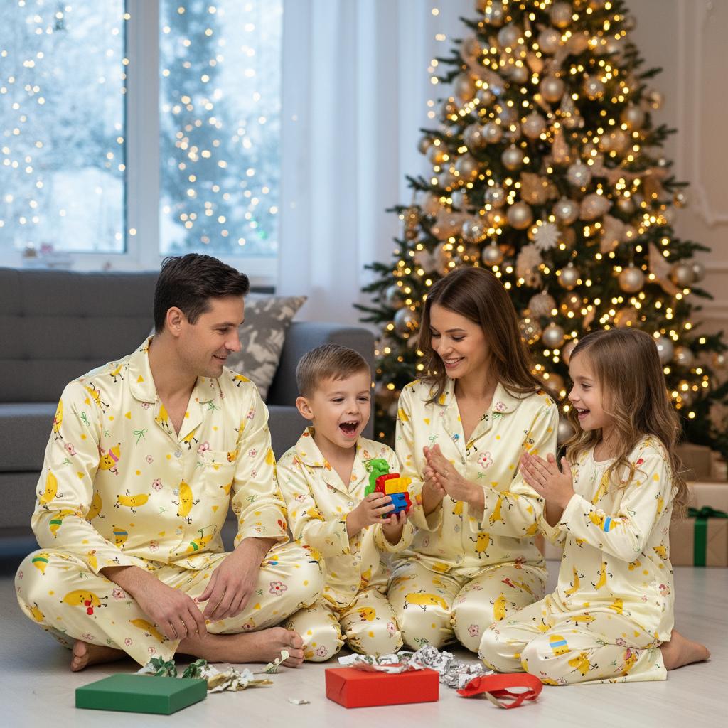 Family of four in matching sporty banana pajamas around a Christmas tree with presents.