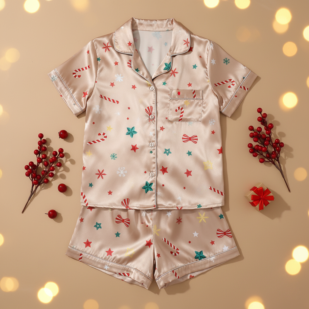 A pajama set with starry snowflakes festive pattern on a beige background