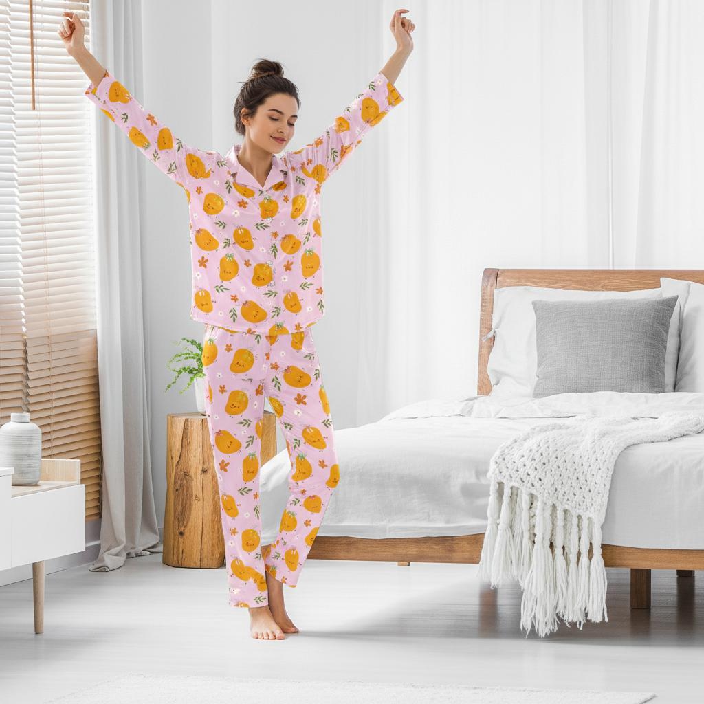 Woman in Sweet Mango Dreams Pajama Set standing in a bright bedroom.