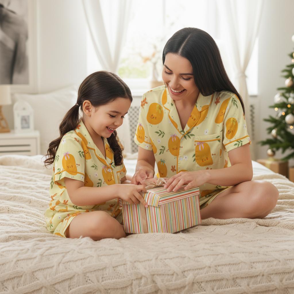 Woman and child in matching yellow mango themed pajamas opening a gift box on a bed.