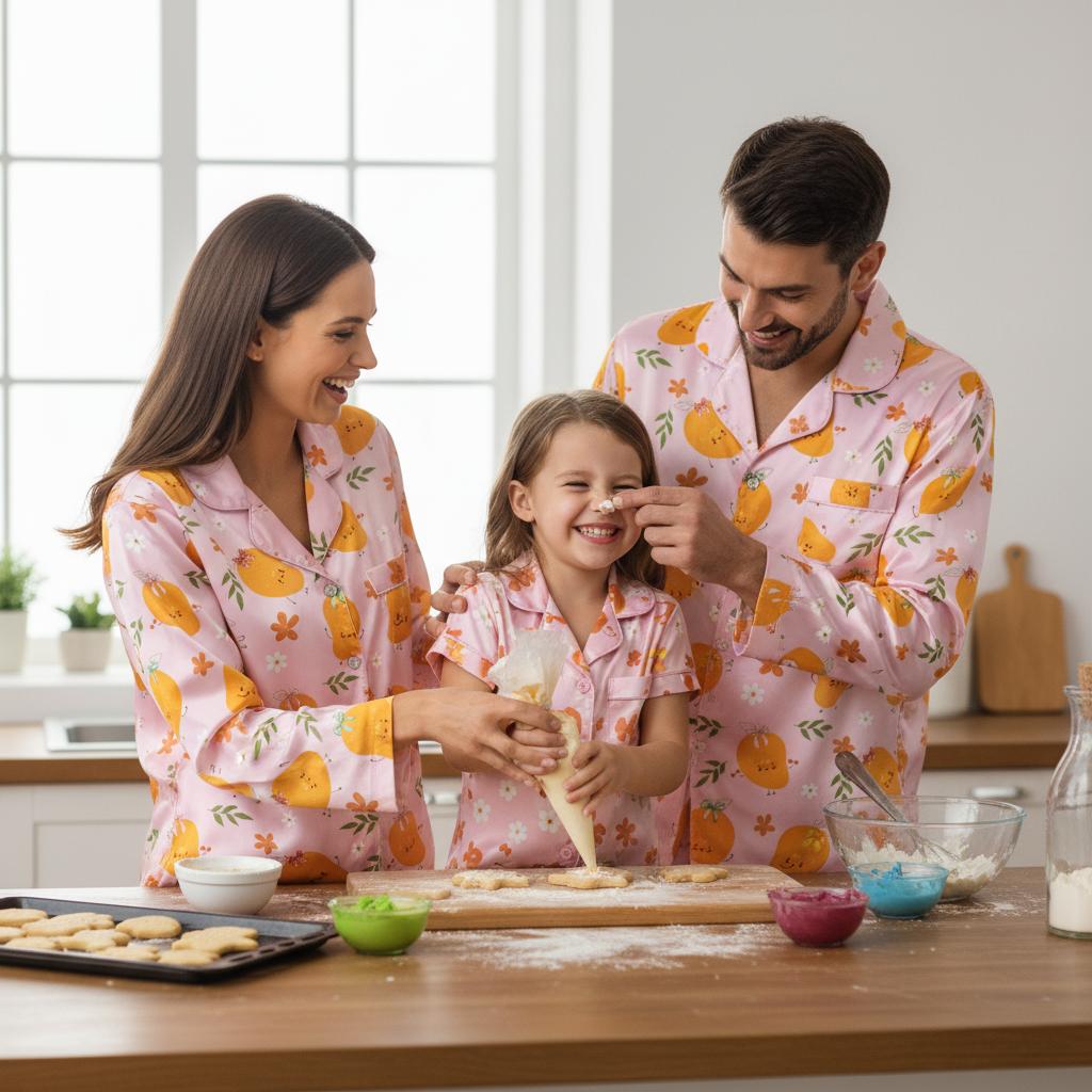 Family of three in matching Sweet Mango Dreams Pajama Set in a kitchen, baking together.