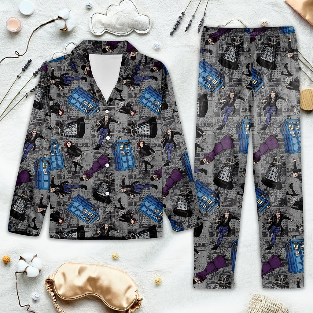 Doctor Who-themed pajama set with on a light gray background.