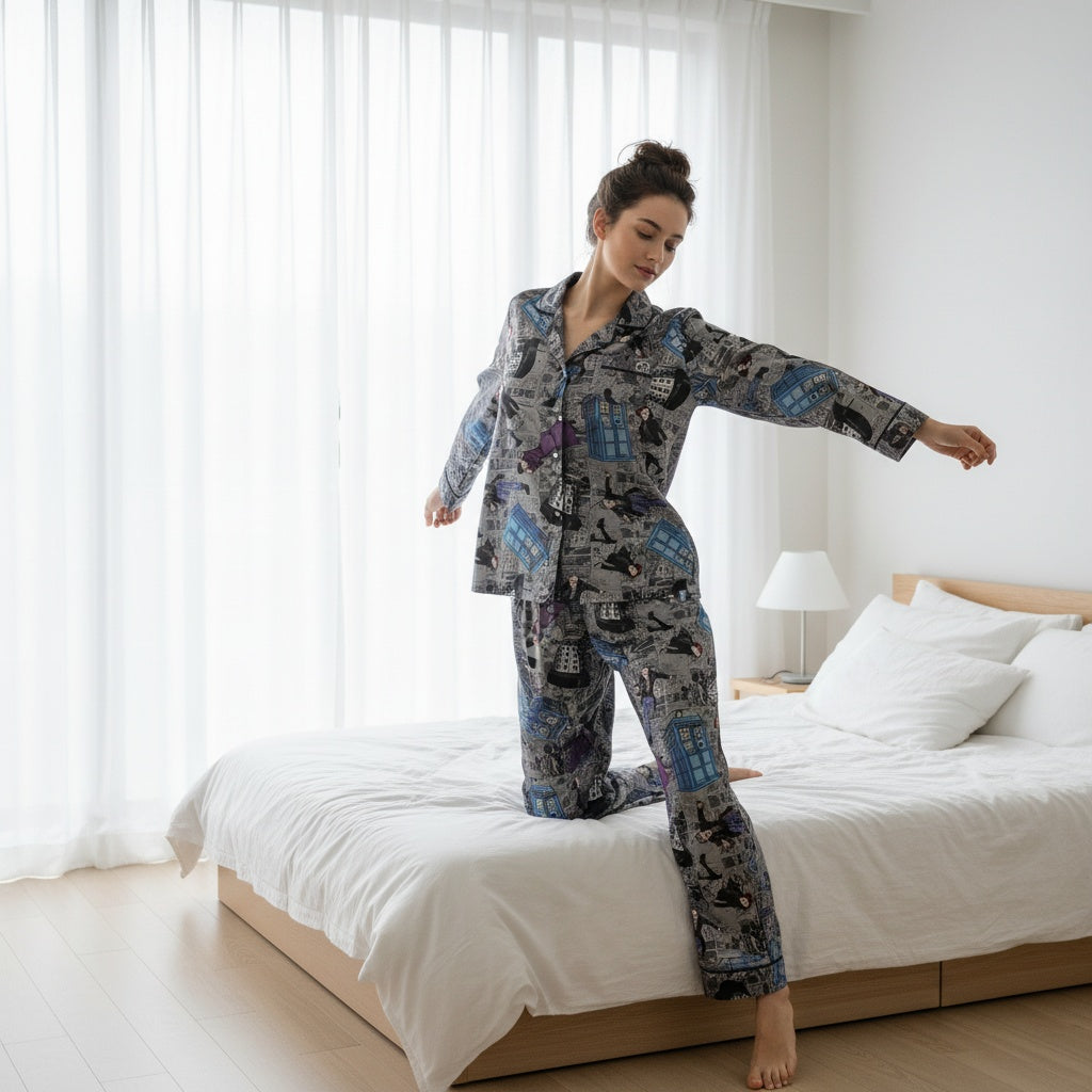 Woman in patterned Doctor Who pajamas standing on a bed in a bright bedroom.