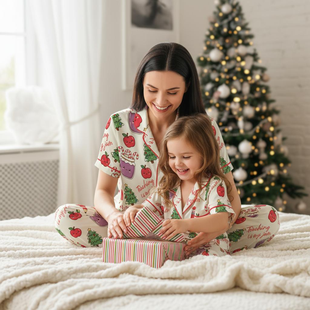 Woman and child in matching adorable Christmas graphics and little apples pajamas opening a gift in front of a decorated Christmas tree.