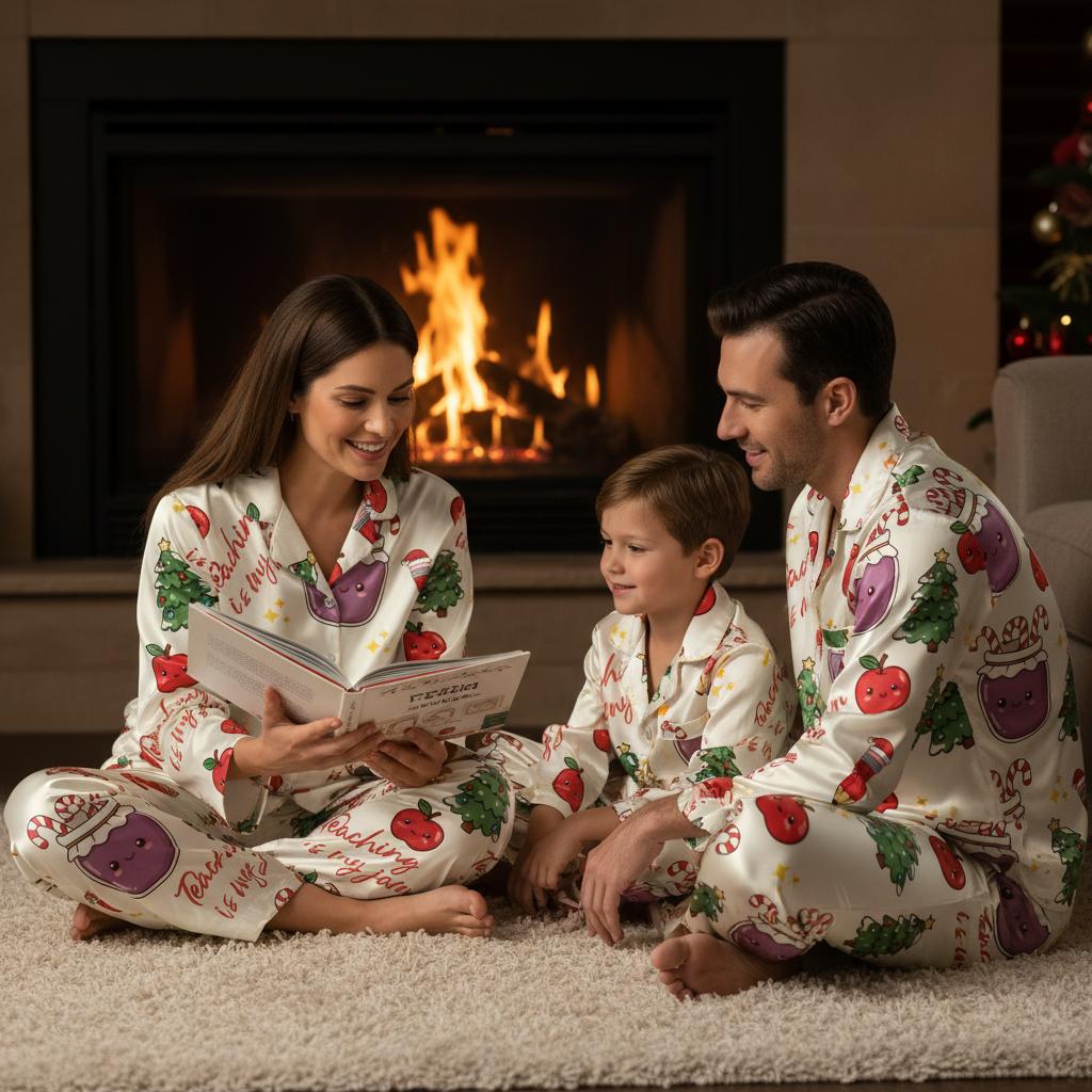 Family in matching adorable Christmas graphics and little apples pajamas reading a book by a fireplace.