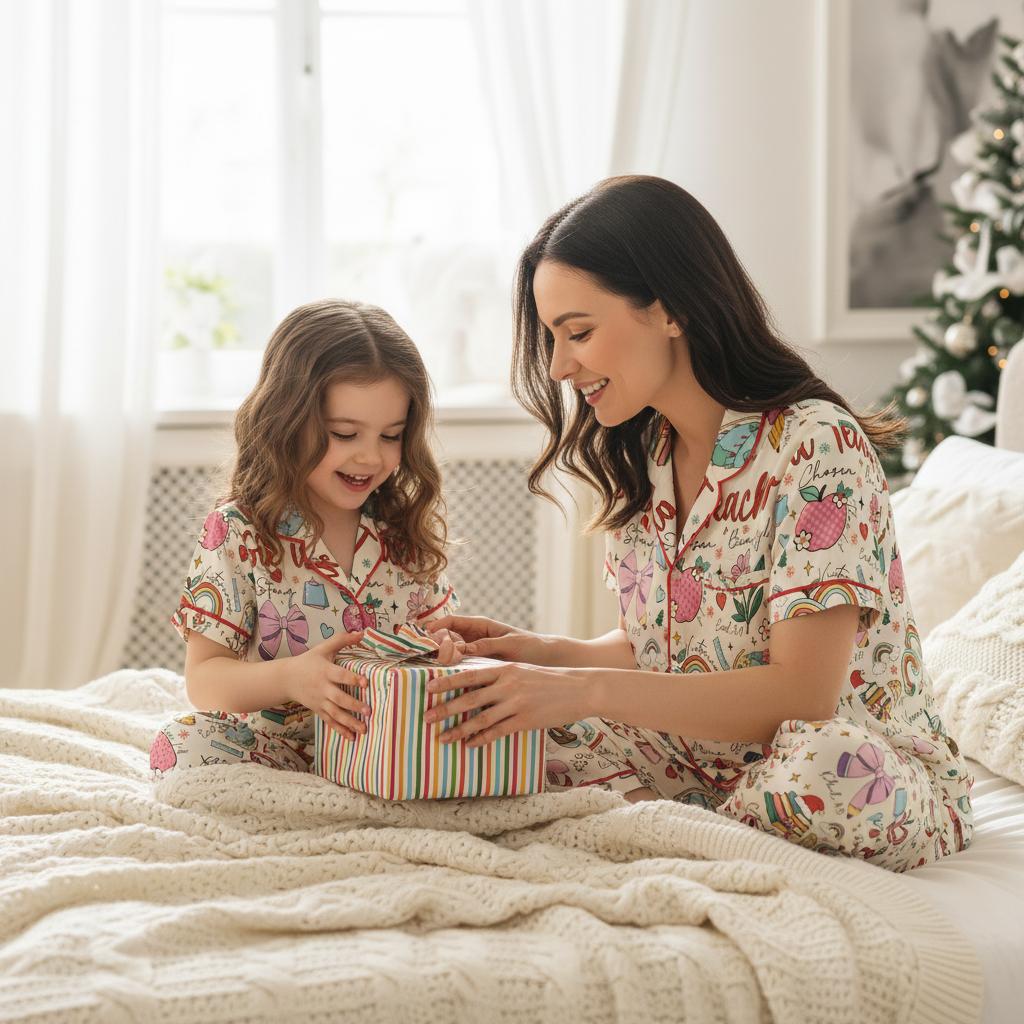 Woman and child in matching pajamas with teacher and stationery themed design opening a gift box on a bed with a Christmas tree in the background.