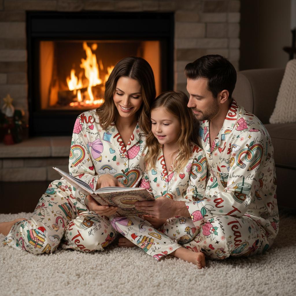 Family of three in matching teacher and stationery design pajamas reading a book by a fireplace.