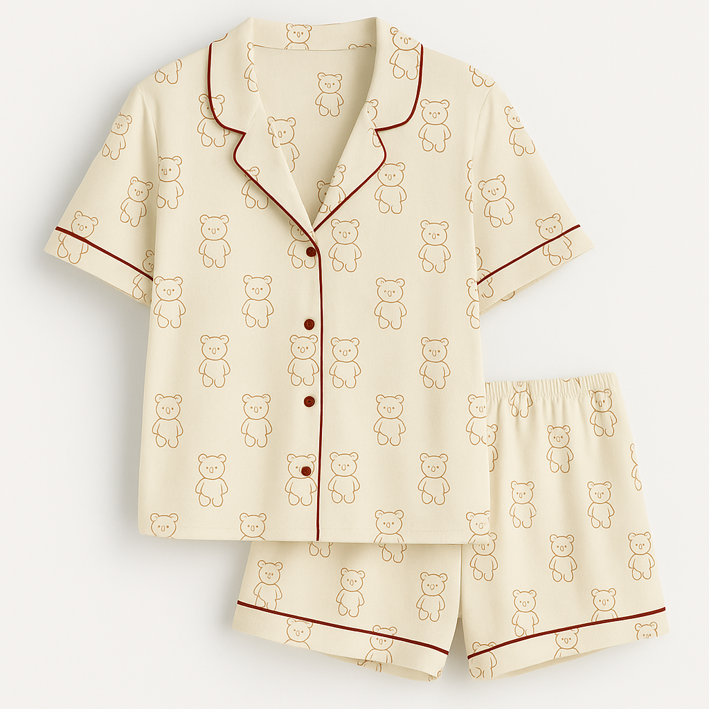 Beige pajama set with teddy bear pattern on a light gray background
