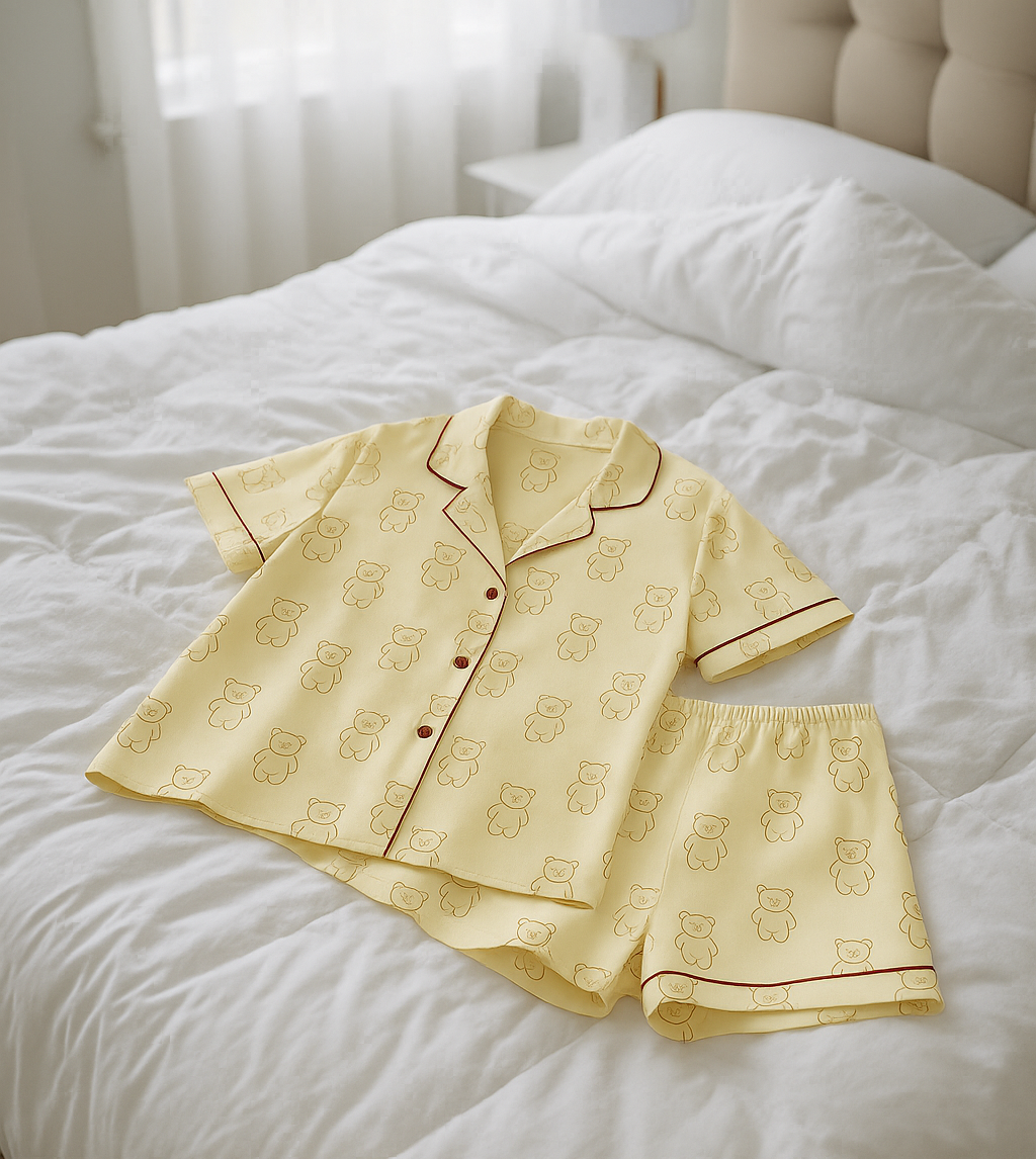 Beige pajama set with teddy bear pattern on a white bed