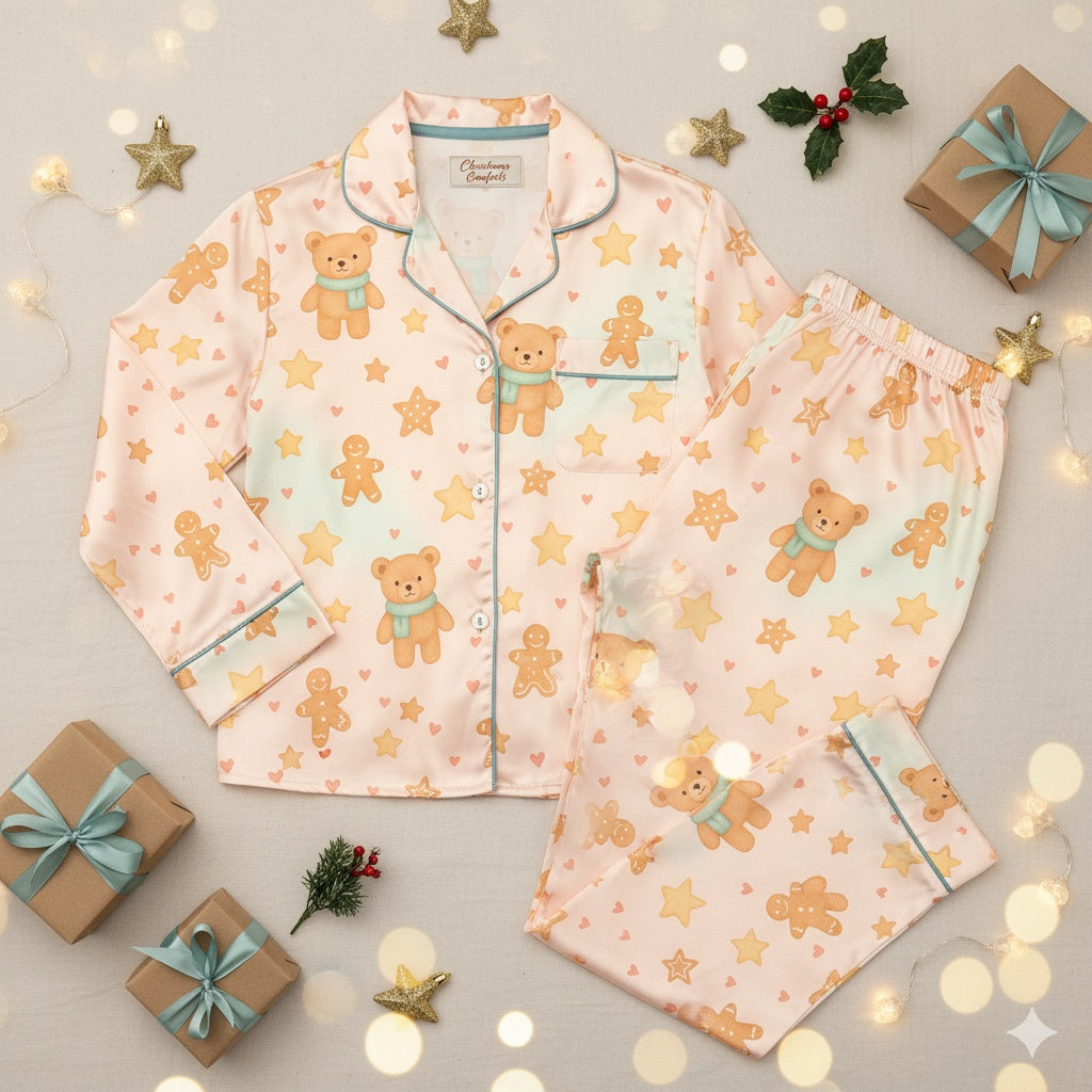 Pajama set with teddy bear and gingerbread pattern on a light background with decorative elements.