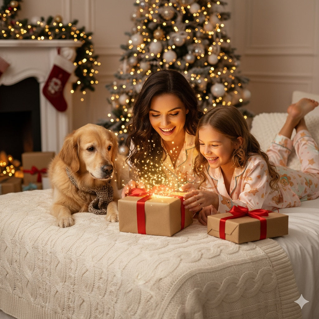 Woman and child in matching pajamas with teddy bear and gingerbread pattern opening Christmas presents in a cozy room with a decorated tree.