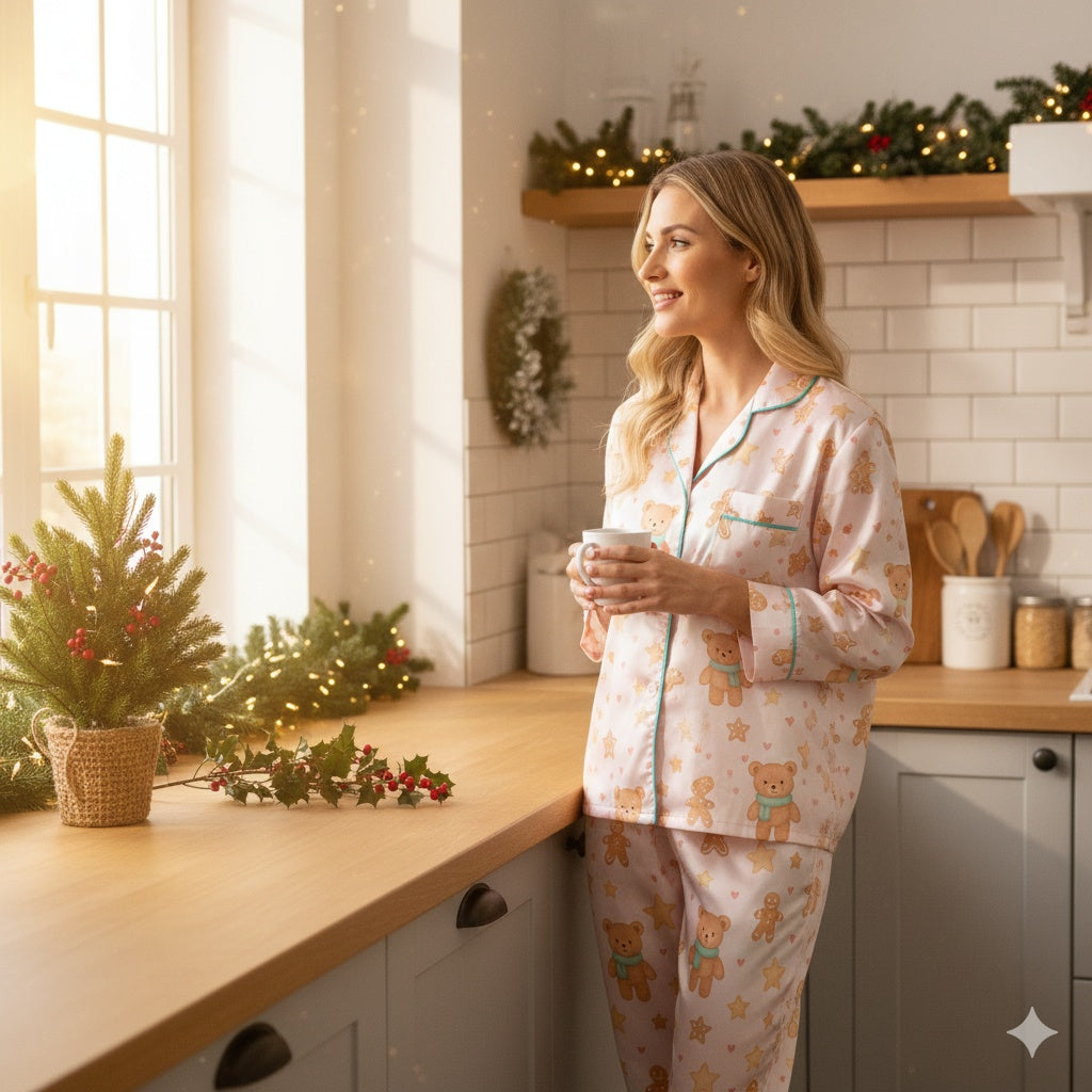 Woman in teddy bear and gingerbread pajamas holding a mug in a kitchen decorated for Christmas.