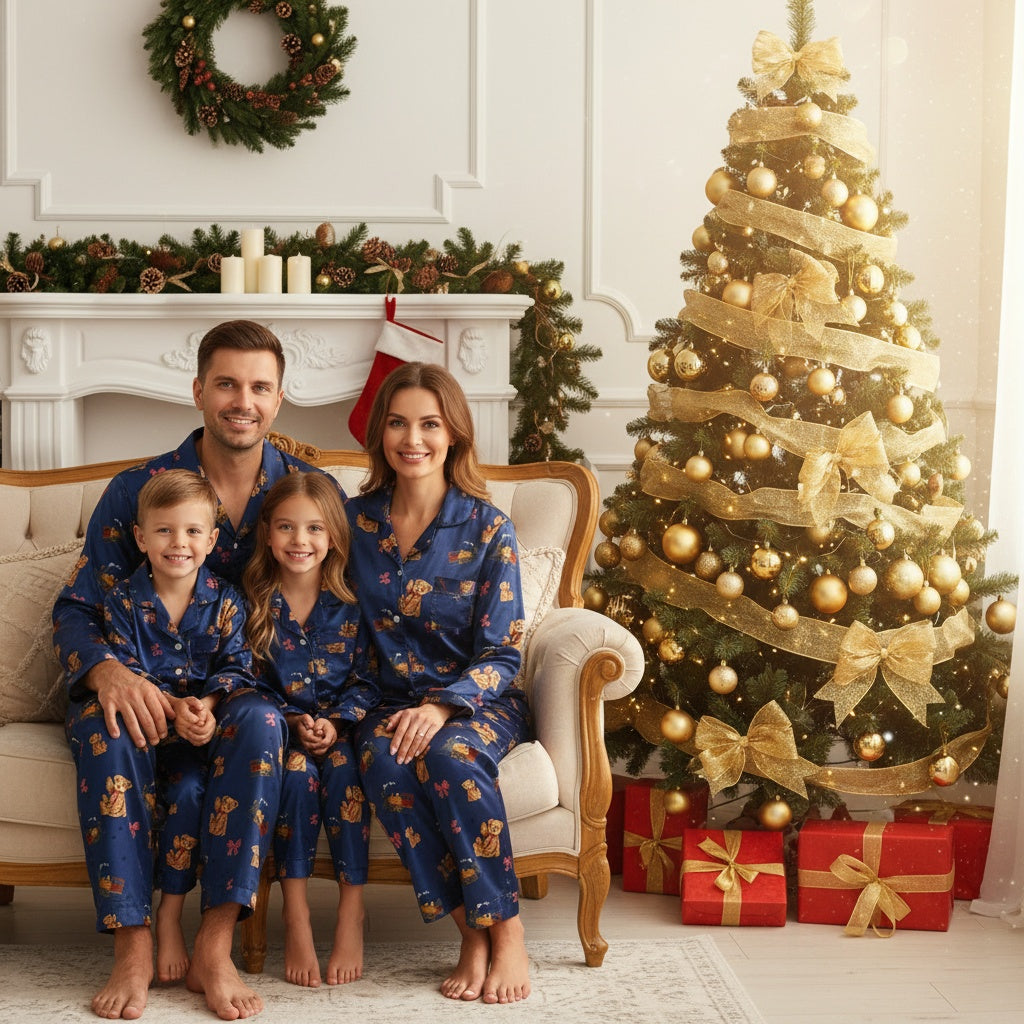 Family of four in matching navy blue pajamas with teddy bear pattern sitting on a couch in a festively decorated room with a Christmas tree and wreath.