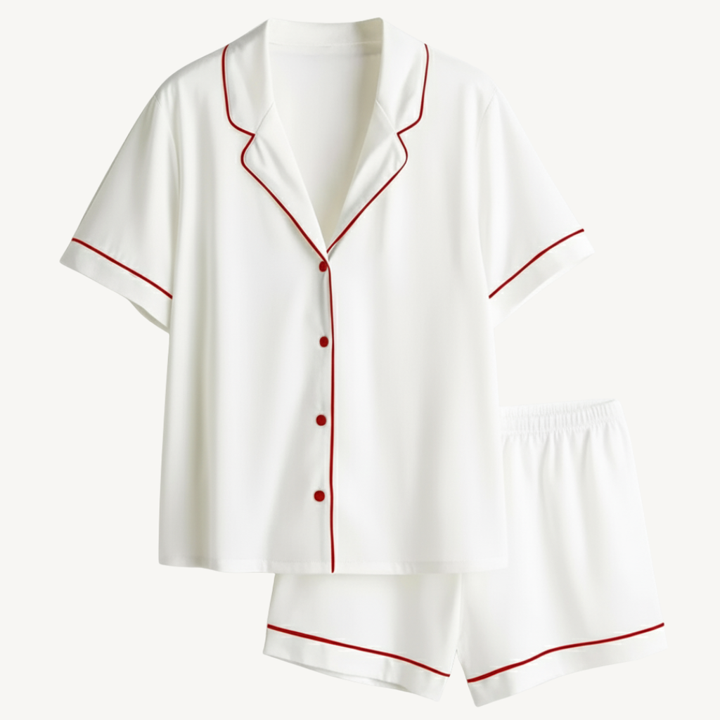 White pajama set with red piping on a white background