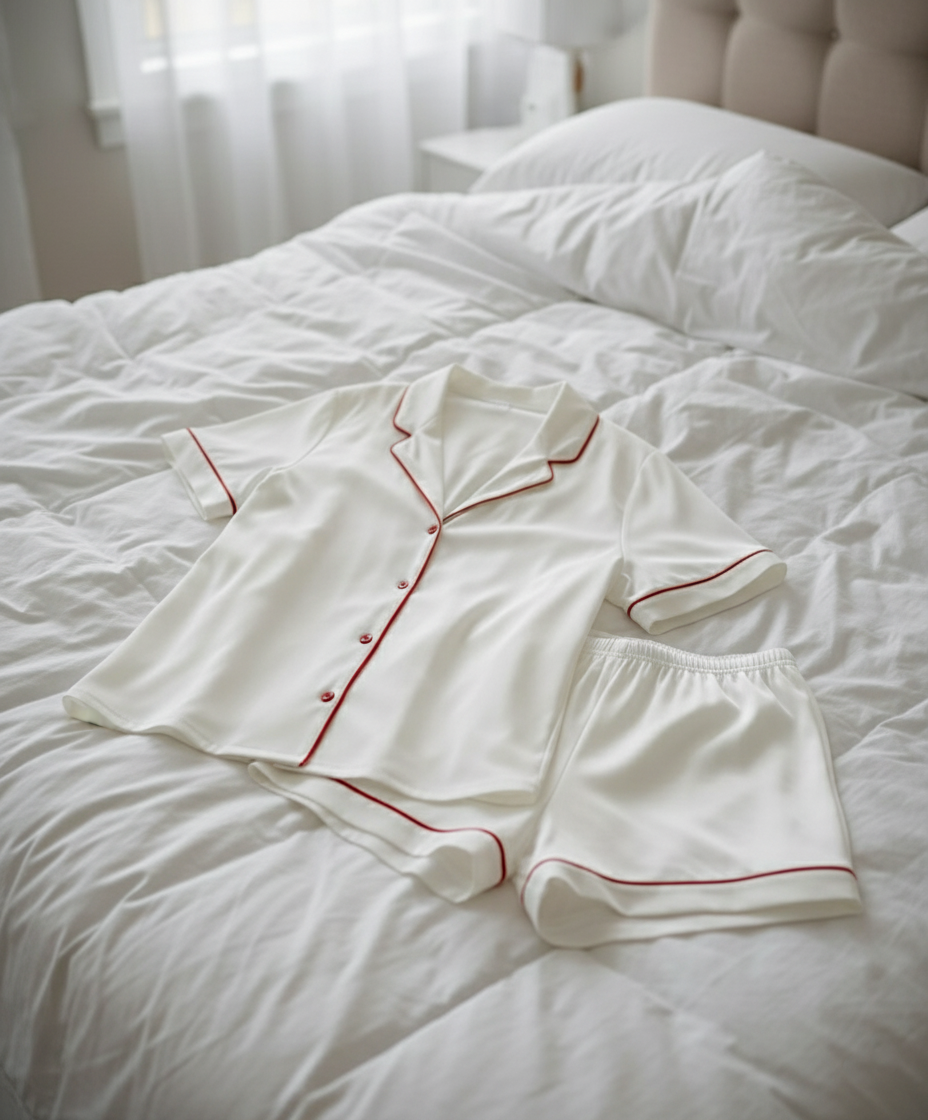 White pajama set with red piping on a bed