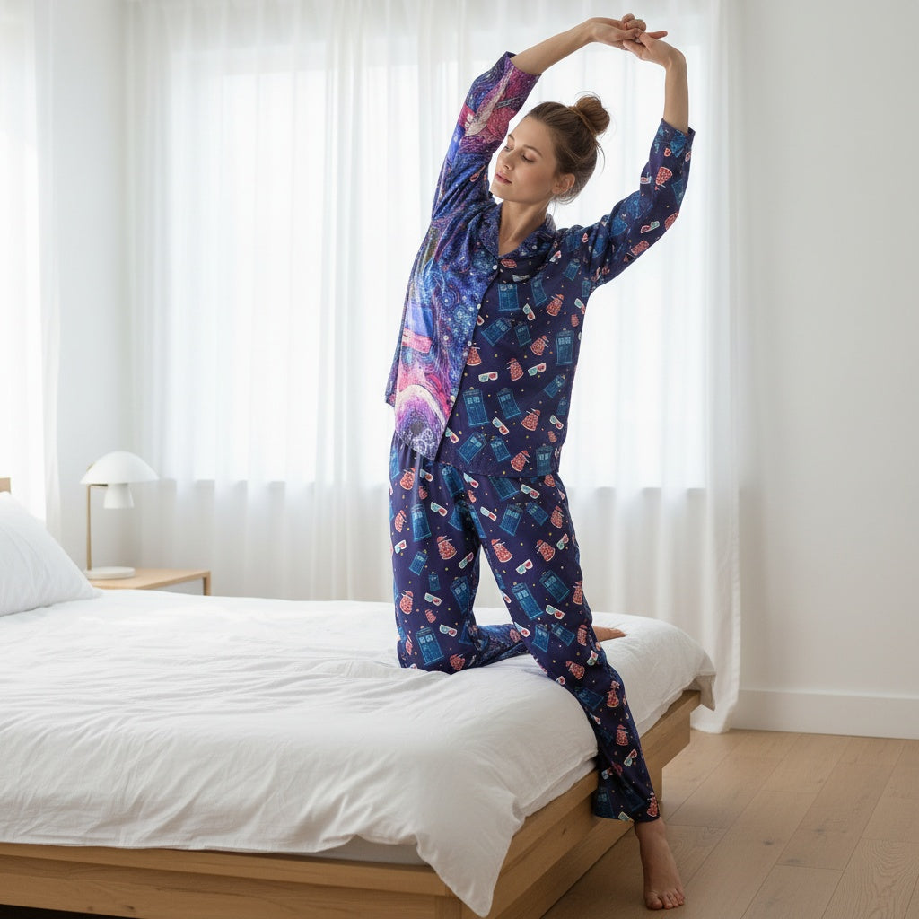 Woman in colorful Doctor Who pajamas stretching on a bed in a bright bedroom.