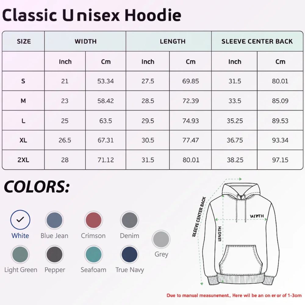 Size chart and color options for Core Comfort Customizable Wicked Iconic Bestie Hoodie