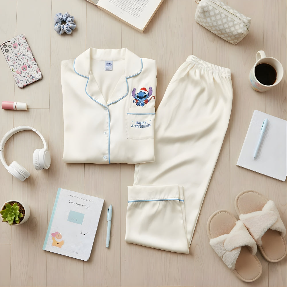 Beige pajama set with Stitch in a Santa Claus outfit on a wooden surface with accessories.