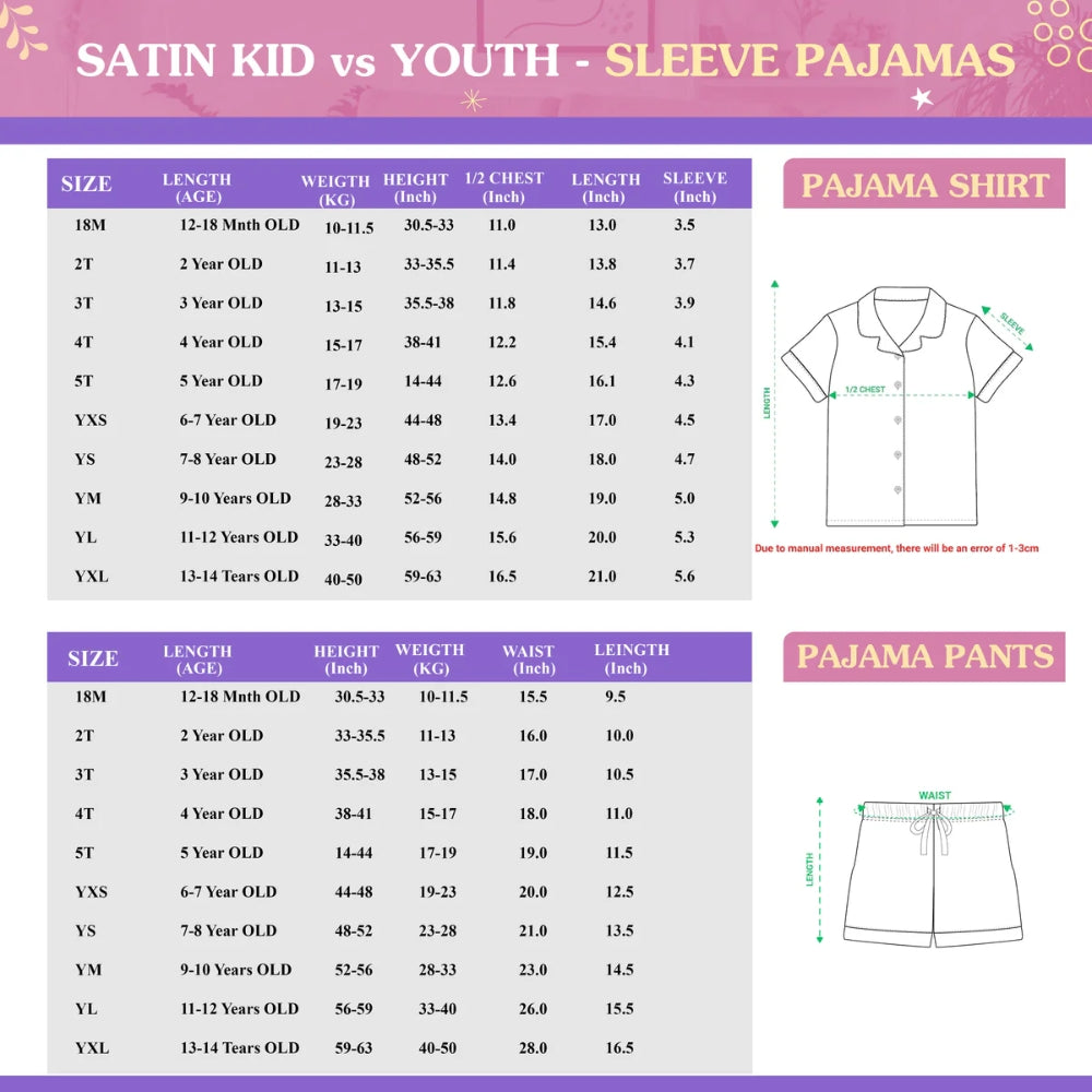 Kid and youth short-sleeve pajama size chart for Geek Chic Black Festive Wicked Pajama Set