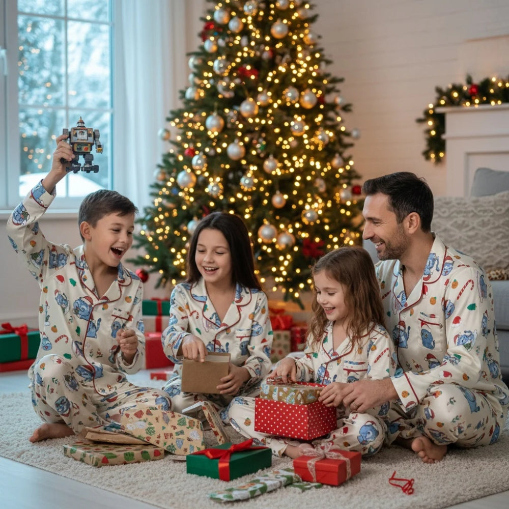 Family of four in matching Christmas-themed pajama set with cartoon Derpy around a Christmas tree with presents.