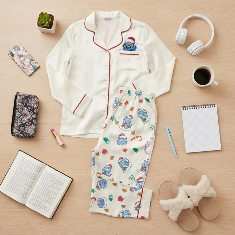 White pajama set with colorful Derpy tiger patterns and holiday designs. 