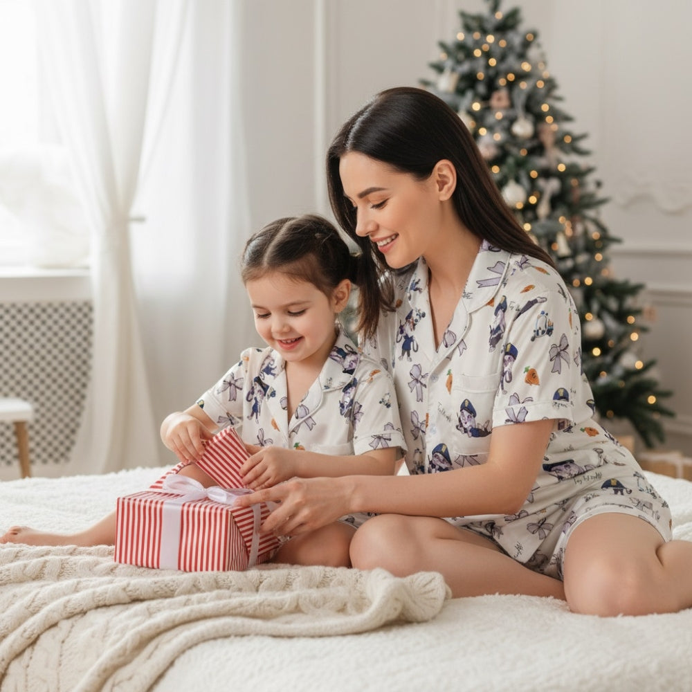 Woman and child in matching pajamas with cute rabbit officer designs opening a gift box on a bed with a decorated Christmas tree in the background.