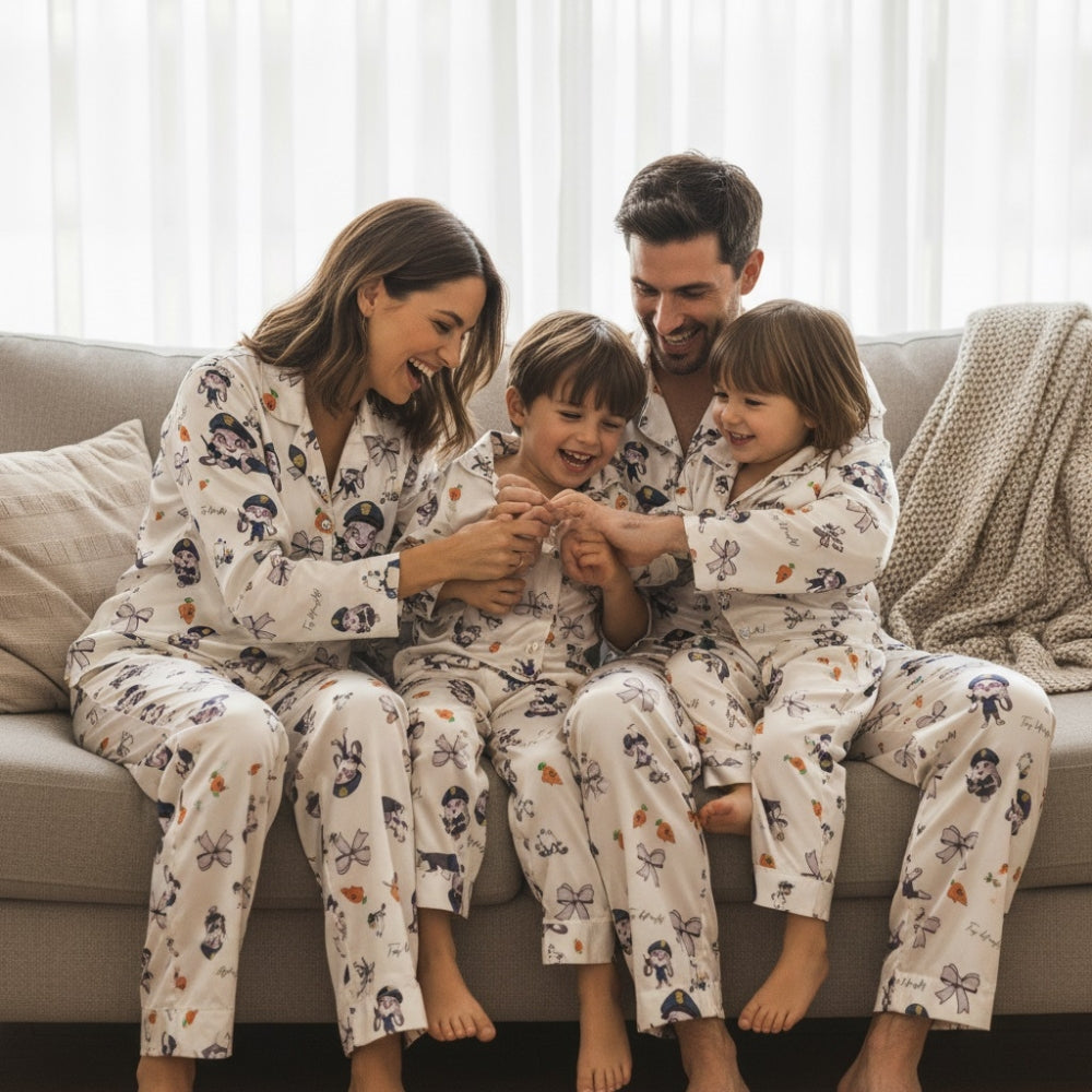 Family of four wearing matching cute officer rabbit-themed pajamas sitting on a couch.