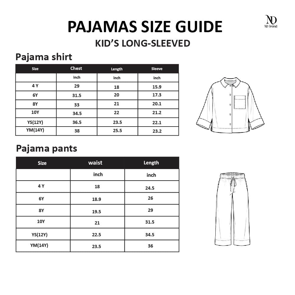 Size guide for kids' long-sleeved pajama shirts and pants with measurements for Geek Chic Officer Rabbit Pajama Set