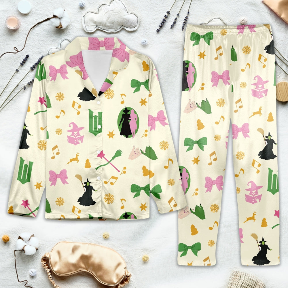 Colorful pajama set with festive Wicked-inspired details, capturing a whimsical balance between seasonal cheer and character-driven style.