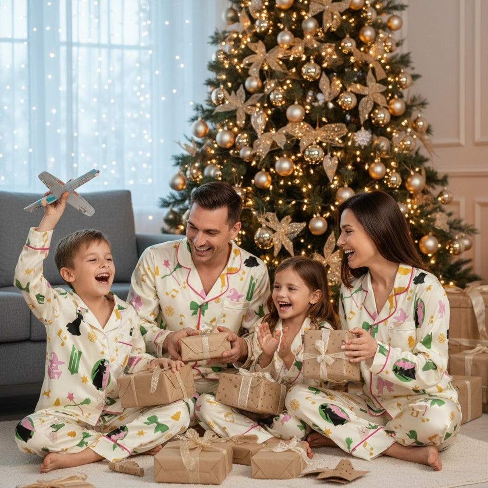 Family of four in matching pajamas with festive Wicked-inspired details opening gifts in front of a decorated Christmas tree.