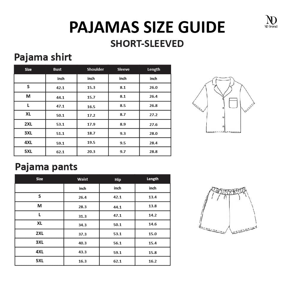 Pajamas size guide with short-sleeved pajama shirt and pants measurements for Geek Chic Soft Festive Wicked Girlfriends Pajama Set