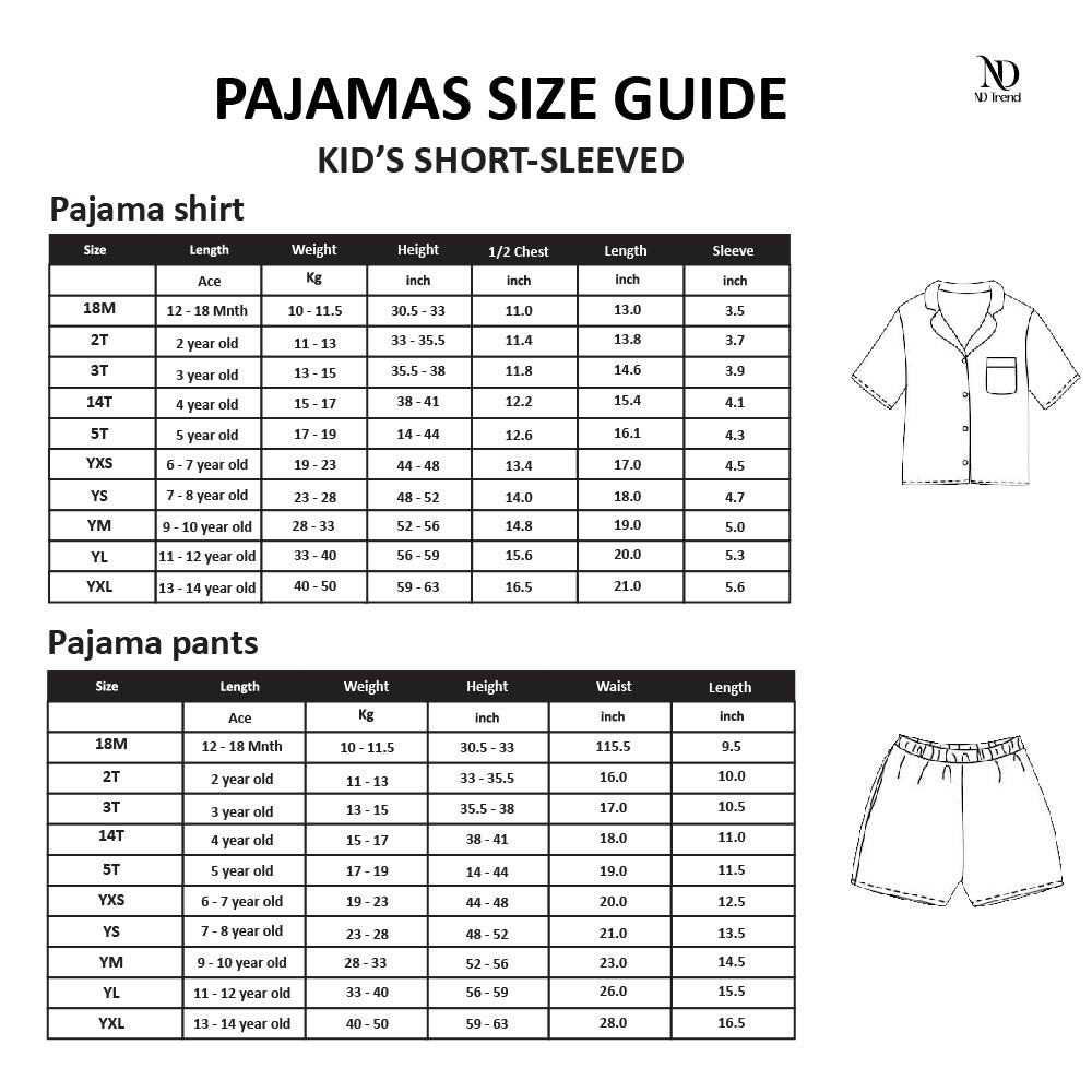 Size guide for kids' short-sleeved pajama shirts and pants with measurements for Geek Chic Soft Festive Wicked Girlfriends Pajama Set
