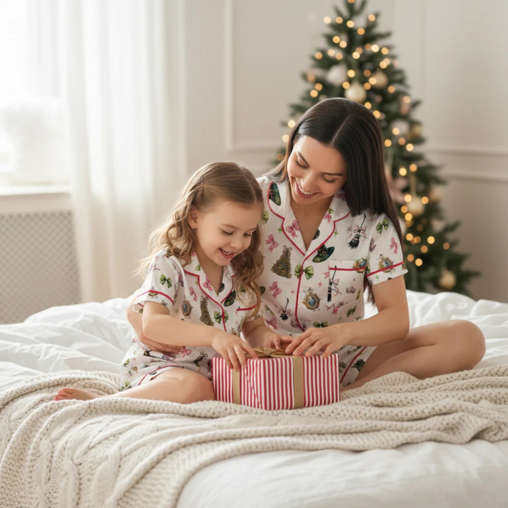 Woman and child in matching pajamas with coquettish Wicked-themed details opening a gift box on a bed with a Christmas tree in the background.
