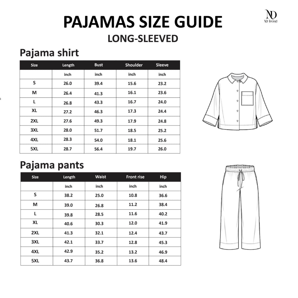 Size guide for long-sleeved pajama shirt and pants with measurements for The Geek Chic Wicked of Oz Pajama Set