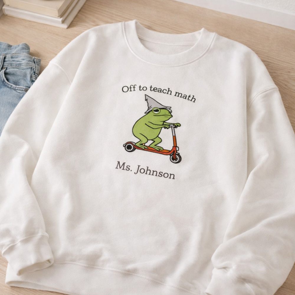 White sweatshirt with a frog graphic and text on a wooden surface