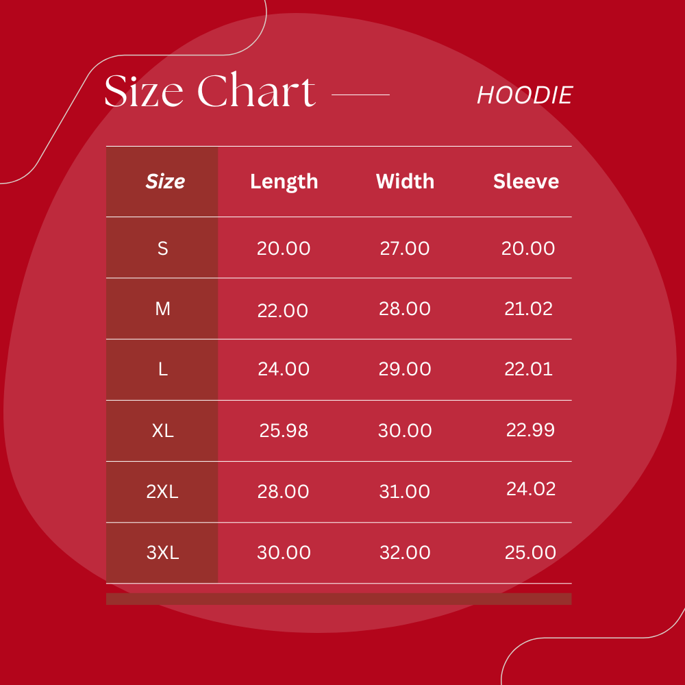 Size chart for hoodies on a red background